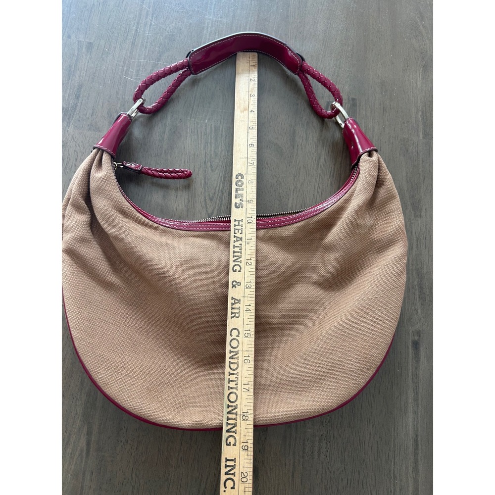 Liz Claiborne Tan Canvas Burgundy Patent Leather Braided Strap Hobo Bag - Picture 4 of 9